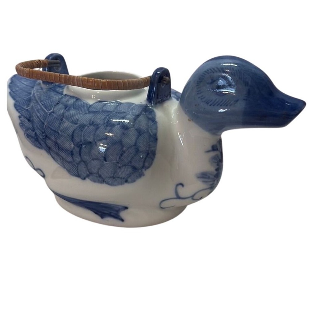 Blue White Porcelain Duck Teapot Hand Painted Chinoiserie Wicker Handle Vintage